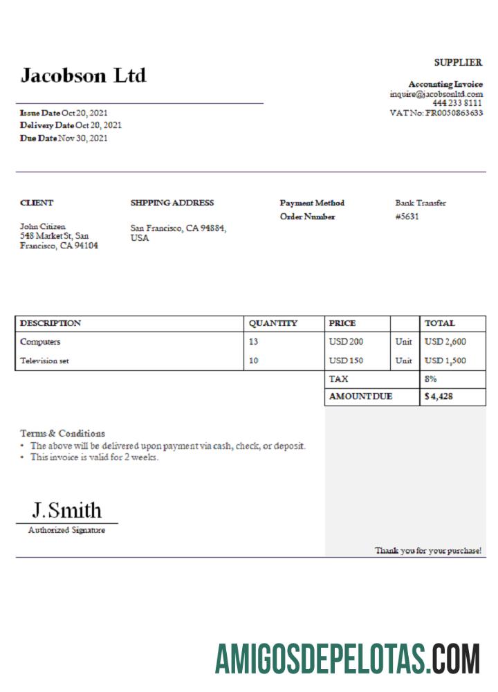 Fatura da Jacobson Ltd dos EUA modelo